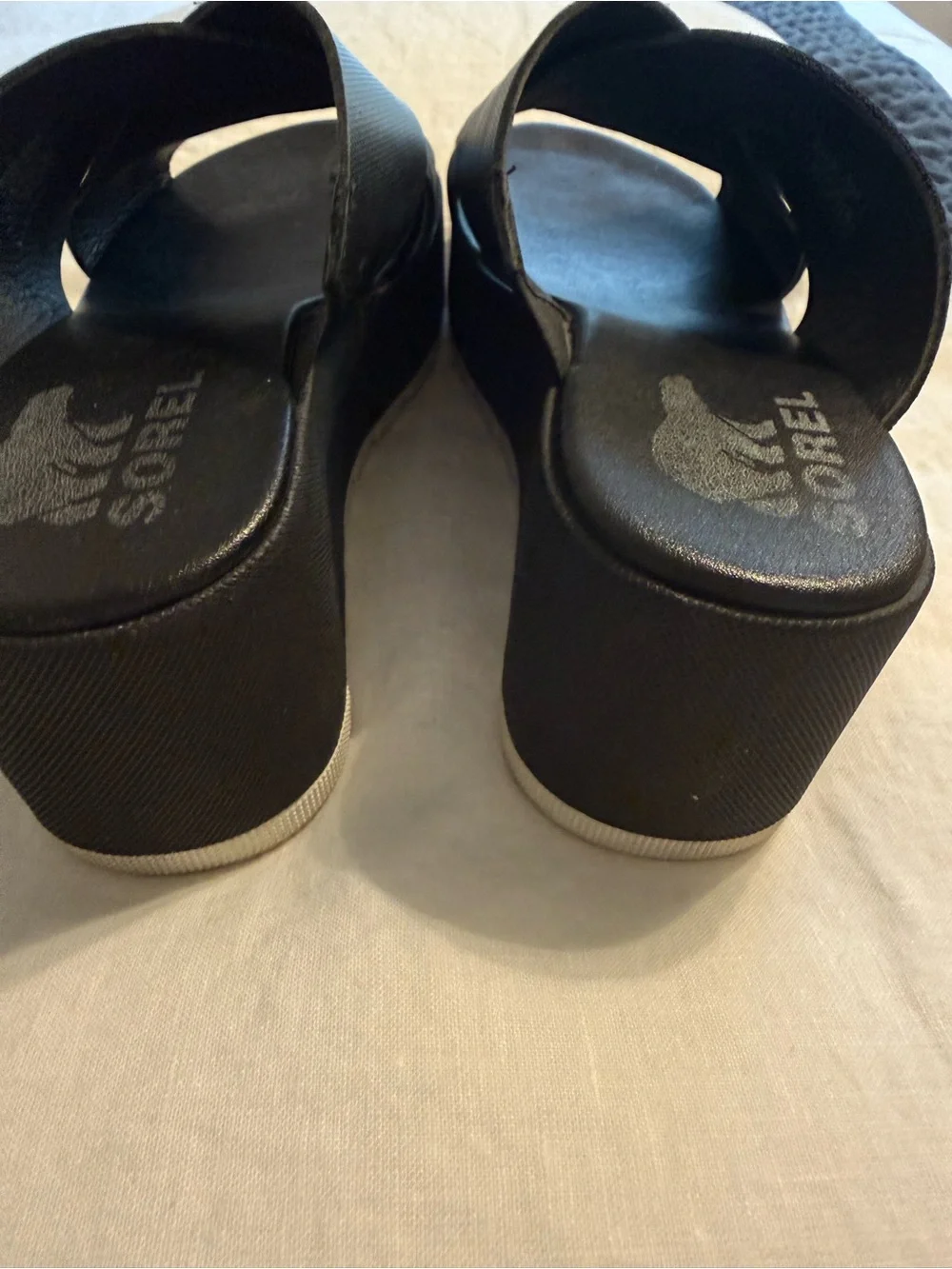 Sorel Black Cross-Band Wedge Slide Sandals